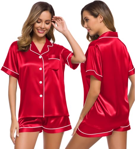 Image of SWOMOG Womens Silk Satin Pajamas Set Short Sleeve Sleepwear Button Down Top and Shorts Loungewear 2 Piece Pjs Set XS-3XL