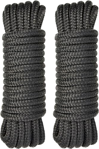 PACTHSD Boat Dock Lines 2 Pack 3/8" x 25' Double Braided Nylon Boat Ropes for Docking with 12" Loop, Marine Grade High Strength Boat Lines, Premium Marine Rope Mooring Lines, Easy Handling, Black