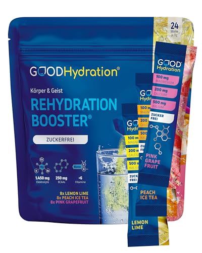 Rehydration Booster von GOOD Hydration® I 1.450mg Elektrolyte OHNE ZUCKER I Zuckerfreies Elektrolytpulver mit Vitaminen, BCAA & Biotin I Variety Pack mit 3 Geschmackssorten I 24 Sticks