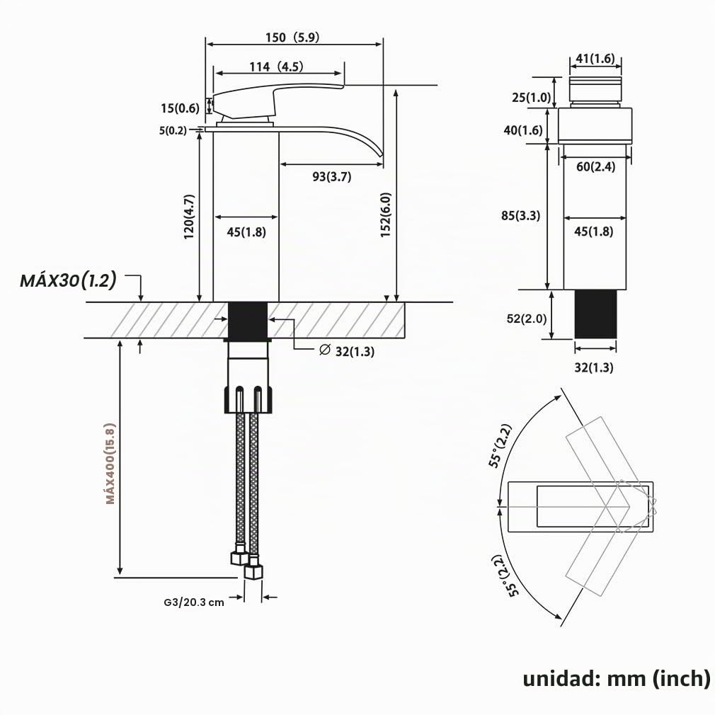 CECIPA Grifo Lavabo Cascada Baño con Altura de Salida de Agua 85 mm Grifo Cascada Monomando Lavabo en Acero inoxidable Mezclador Lavabo Ajustable de Agua Caliente y Frío