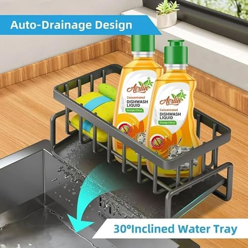 Image of MosQuick Kitchen Sink Organiser - Stainless Steel Sink Caddy with Self Draining Tray, Sponge Holder, Dish Cloth & Brush Rack for Kitchen Basin & Bathroom, Rust Free Steel Organizer Stand (Black)