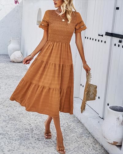 Image of Sumleno 2026 Women's Summer Midi Dresses Short Sleeve Smocked Tiered Dress Vacation Beach Wedding Guest Elegant Boho Sundress