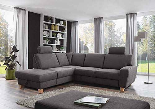 Cavadore Ecksofa Wisconsin mit Federkern / Sofagarnitur in Lederoptik mit 2 Kopfstützen / Landhausstil / Holzfüße in Buche / Mikrofaser / Größe: 248 x 88 x 215 cm (BxHxT) / Farbe: Dunkelgrau