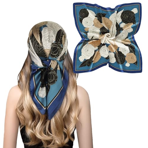 Relang Fashion Silk Satin Head Scarf for Women Hair Bandana Hair Scarf Wrap Neck Scarf for Women 27.5×27.5 inches Navy Blue Rose