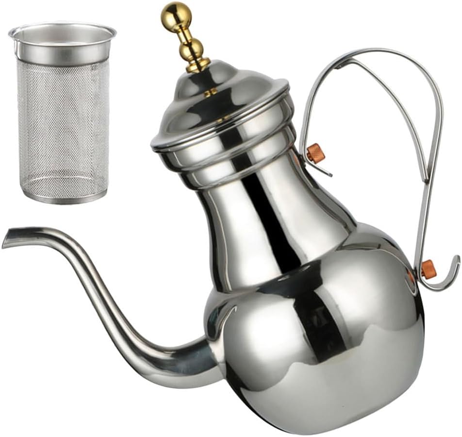 Zerodeko Stainless Steel Filter Pot Commercial Arab Drip Kettle Fine Mouth Pot Stove Household Colander Filter Gooseneck Teapot Middle East Blooming Tea Container at Night Scented Tea