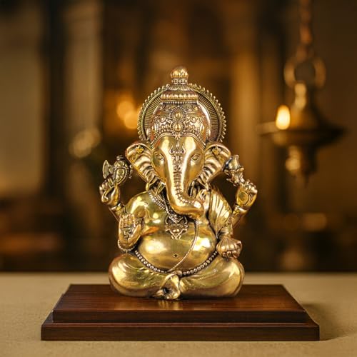 Image of Artarium Brass Vighnaharta Lord Ganesha Statue Car Dashboard (Height 3.5inch), Small Ganpati ji Murti for Car Accessories, Home Decor, Office Gifting and Pooja Room - Gold Finish