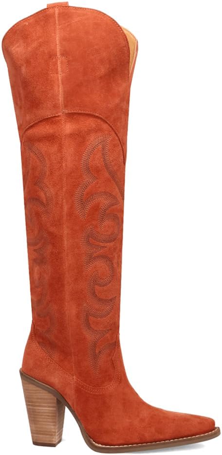 Dingo Womens Primadonna Embroidered Snip Toe Zippered Casual Boots Over the Knee High Heel 3" & Up - Orange