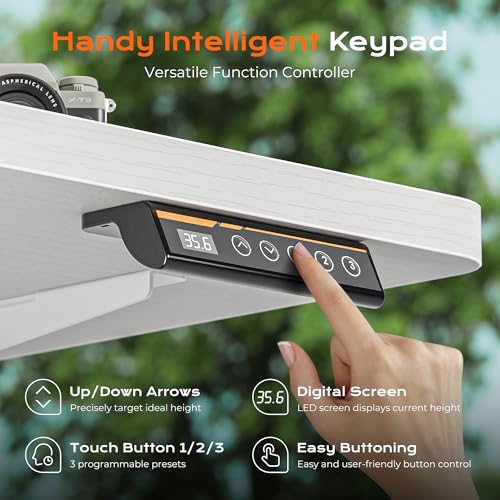 Huuger 55 x 28 Large Electric Standing Desk, Height Adjustable Copmuter Desk, 27.6" Deep Desktop, Stand up Gaming Office Table with 2 Hooks, 3 Preset Heights, for Home Office, White