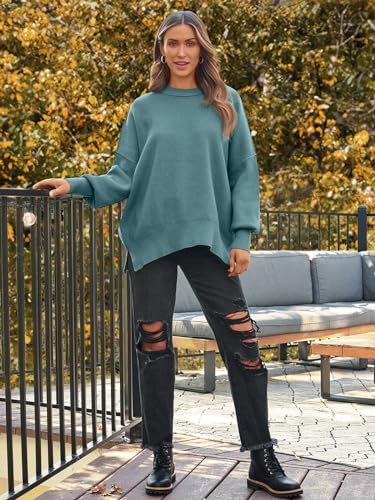 Image of LILLUSORY Women's Oversized Batwing Sweaters 2026 Fall Outfits Trendy Crewneck Knit Side Slit Fashion Pullover Tops