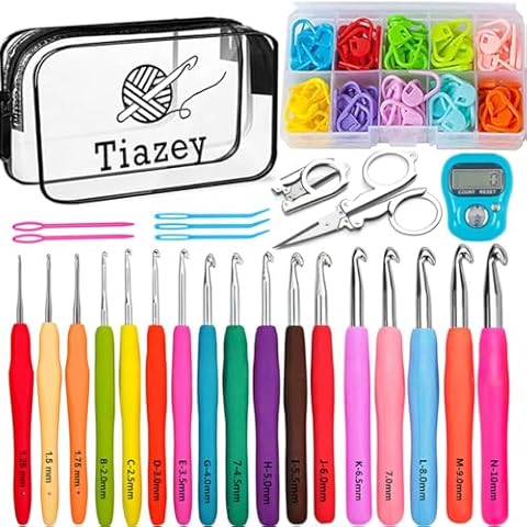 Tiazey 17 Size Complete Crochet Hooks Set,Yarn Crochet Kit for Beginners,Ergonomic Soft Grip Crochet Hooks with Case for Arthritic Hands Crocheting (1.25mm-10mm) Cover