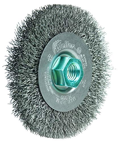 Image of Weiler 13077 4 inch Narrow Face Crimped Wire Wheel, .014 inch Steel Fill, M14 x 2.0 Nut, Made in The USA (Pack of 5)
