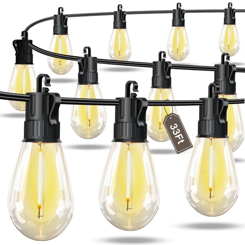 Outdoor String Lights LED Patio-Light,33Ft Waterproof Dimmable Porch Lights with 10 Shatterproof S14 Bulbs,Outside Hanging Light Connectable Lighting for Backyard Yard Gazebo Party Garden Bistro