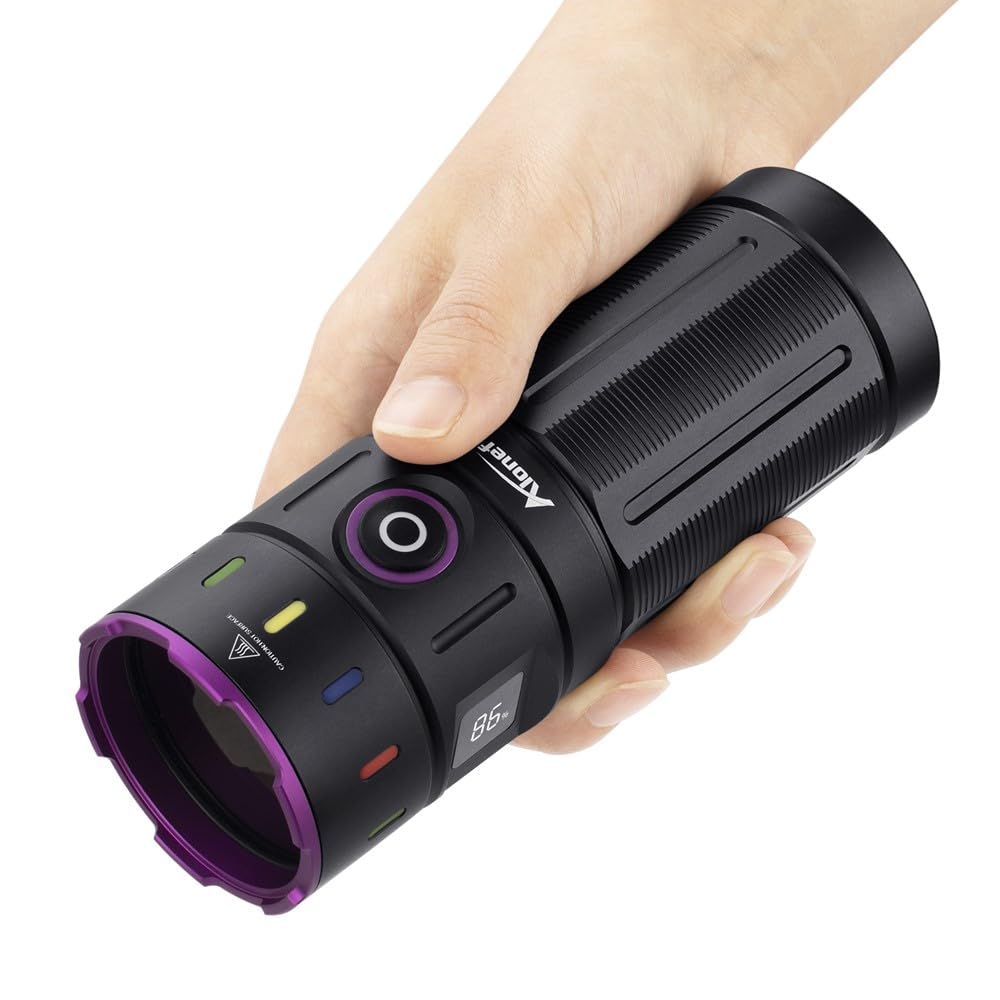 Alonefire SV140 Linterna UV 60W 365nm Profesional Recargable USB C Potente Pantalla Digital Luz Negra para Resina, Pesca, Escorpión, Minerales, Pegamento, Ámbar con Gafas Protectoras UV, Batería