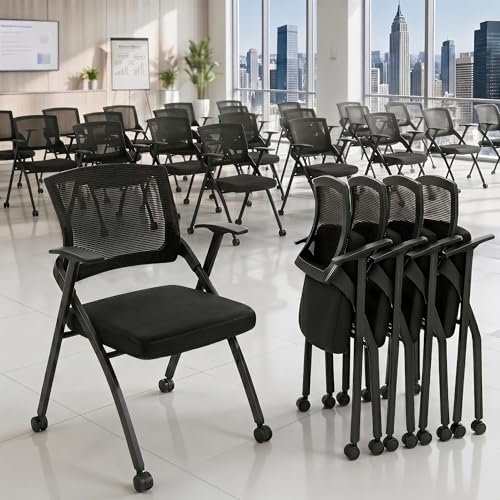 Folding Office Chair with Wheels - Rolling Guest Chair with Breathable Mesh Back & Padded Seat - Stackable Conference Room Chairs for Training, Meeting,Classrrom,Reception - Foldable Space Saving,With