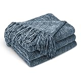 CozeCube Chenille Throw Blanket for Bed, Cozy Soft Throw Blanket with Fringe Tassel, Dusty Blue Thro