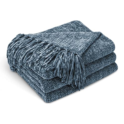 Cozecube Chenille Throw Blanket For Bed, Cozy Soft Throw Blanket With Fringe Tassel, Dusty Blue Throw Blanket For Sofa Chair Gift,Decorative Farmhouse Throw Blanket 60"X80" Oeko-Tex Certified #TOP9