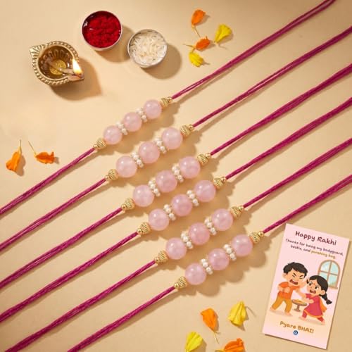 Image of Pink Beaded Rakhi for Brother with Greeting Card, Roli Chawal | Premium Pearl Stone Designer Rakhi | Raksha Bandhan Gift for Brother