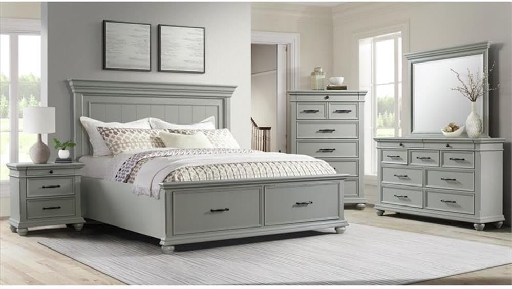 Pemberly Row Transitional 9-Drawer Dresser, 62" W x 17" D x 38" H, Gray Finish, Felt-Lined Top Drawers, Dark Metal Hardware, Bevel Edges, Bun Feet, Spacious Horizontal Bedroom Storage