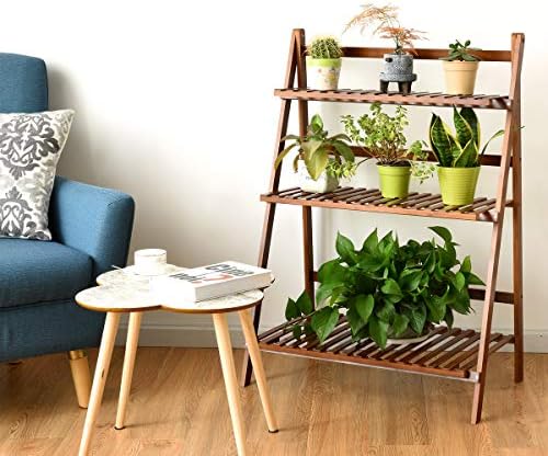 GYMAX Bamboo Ladder Plant Stand, 3 Tier Foldable Flower Display Shelf Rack, Indoor Outdoor Potted Plant Organizer for Patio, Garden, Balcony and Home (Brown)