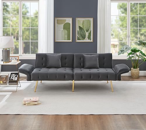 Ojiuboo Sofá cama doble plegable moderno y versátil con respaldo y reposabrazos ajustables, funda de terciopelo, ideal para sala de estar, con cojines cómodos, 215 x 81,5 cm (gris)