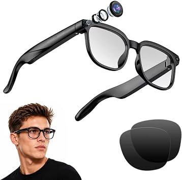 AI Smart Glasses 8MP HD Camera, with 6-Axis EIS Stabilization Video Recording, Real Time Translation, 4K Glasses Object Recognition, Voice Assistant, Dual Mic Open-Ear Speakers for Women Men2 lenses