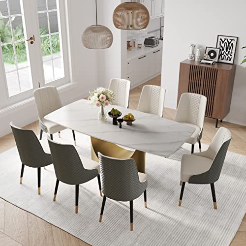 Povison Modern Dining Table, 71 Inch White Dining Room Table For 6, Sintered Stone Table Top, Rectangular Pedestal Dining Table With Gold Carbon Steel Base For Kitchen & Dining #TOP6