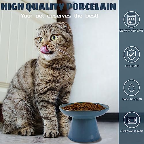 Image of Extra Wide 6.1 inch Ceramic Raised Cat Food Bowl, Shallow Elevated Pet Feeder for Food Feeding, Anti Vomiting Whisker Fatigue Bowls for Cat Puppy, Blue