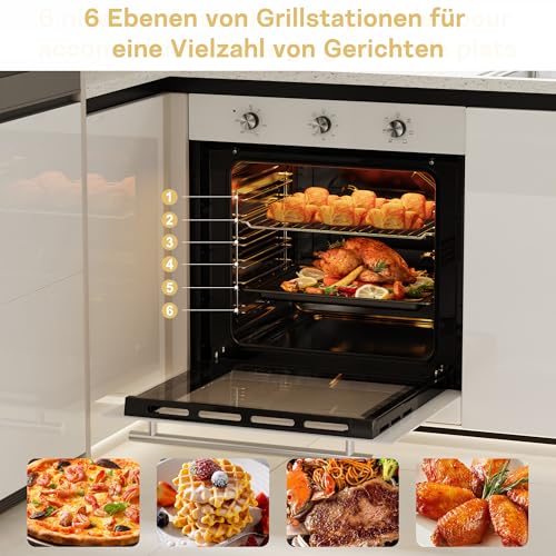 Disaenvir Einbaubackofen 60cm Freistehend 6 Funktionen Backofen Einbauofen mit Stecker Drehknopfsteuerung B60L Timer 2200W, mit Grill und Emailliertem Backblech, 3D Heißluft Backen 6 Ebenen Weiß