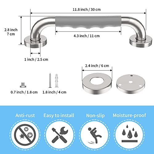 Anti-Slip Polished Chrome Bathroom Grab Bar 12 Inch - 1” Diameter, Zepolu Sus304 Stainless Steel Safety Shower Bars Gray Rubber Grip, Balance Support Bar And Grab Rail For Elderly Senior Handicap #TOP1