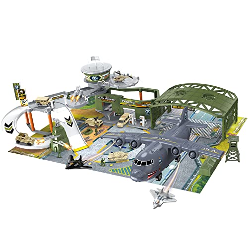 kramow Military Base Toys Set Including Vehicles Accessories and Play Map,Mini Military Figures Play Set with Military Base Vehicles Plane War Soldiers,Army Base Toy Set Educational Gifts for Kids