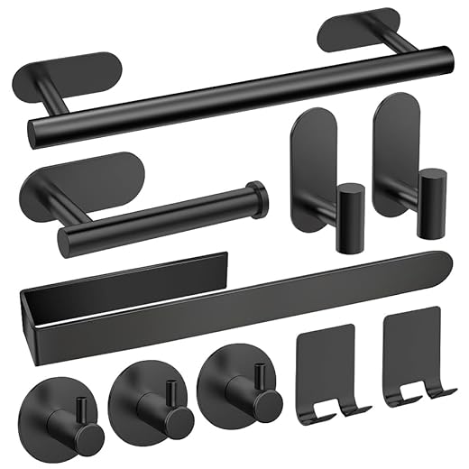 AIKER Toalleros de Baño Sin Taladro,Versión Completa Juego de Toallero de Baño 10PCS,Acero Inoxidable SUS304 de Espesada Accesorios Baño para Mueble Baño o Colgador Pared Decoracion baño-Negro