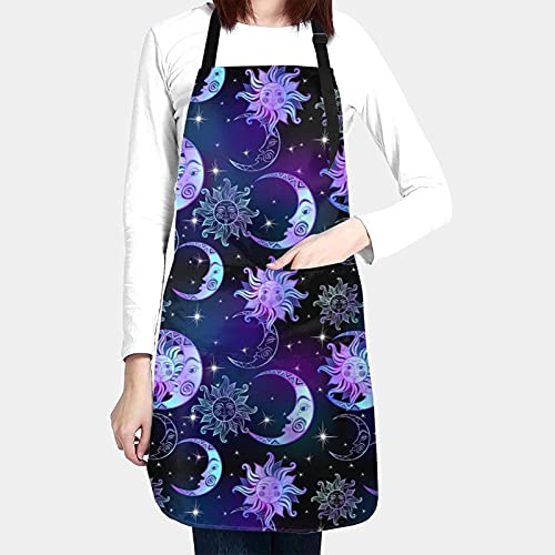 Eeiveun Cooking Apron Magical Purple Sun Moon And Stars Kitchen Bib Apron With Adjustable Neck For Men Women Suitable For Home Waitress Chef Grill Bistro Baking Bbq Painting Artist #TOP1