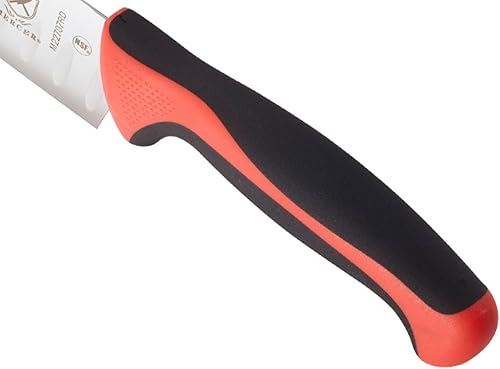 Vista 3 de Mercer Culinary Millennia Colors - Cuchillo Santoku, borde Granton de 7 pulgadas, color rojo