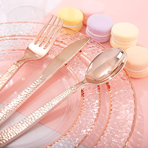 Ciaell 150Pcs Rose Gold Plastic Plates – Disposable Rose Gold Plates With Rose Gold Plastic Silverware Include 50Plates, 25Forks, 25Knives, 25Spoons, 25Cups For Wedding & Party #TOP4