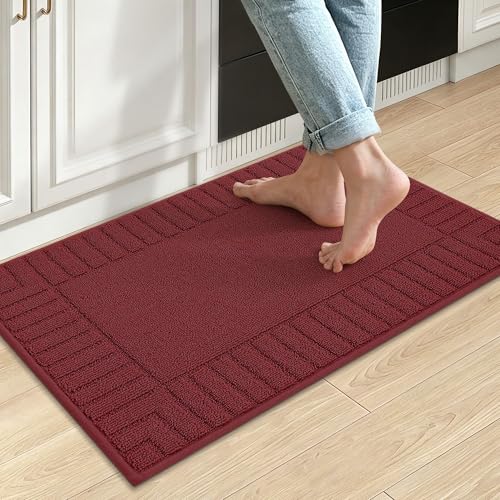 BEQHAUSE-Kitchen-Rugs-and-Mats Non Skid Washable Kitchen Mats for Floor Red Kitchen Rug Polypropylene Kitchen Mat with TPR Backing 20”x30”