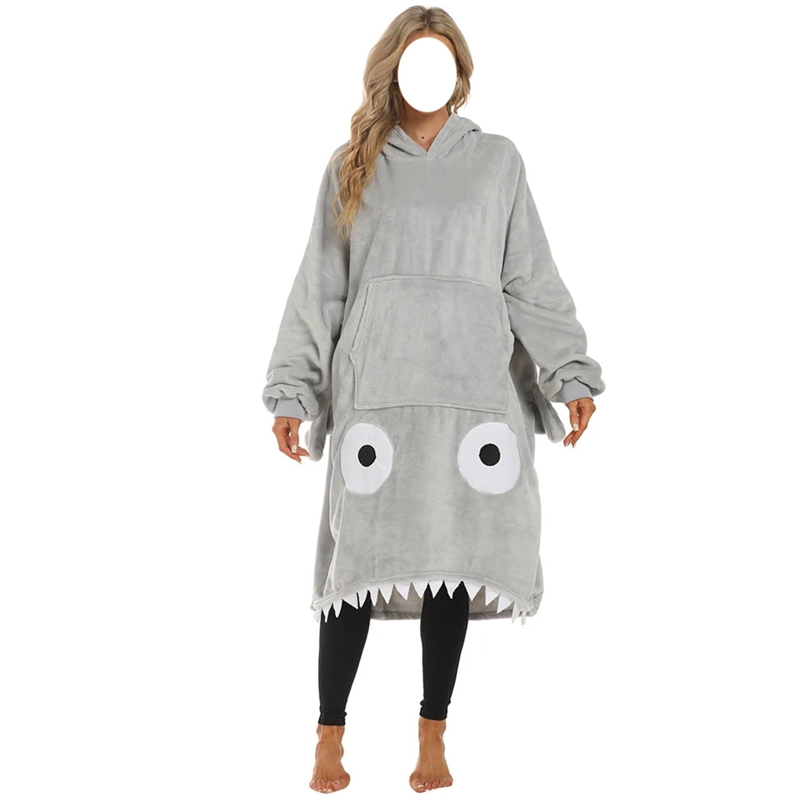 Mantas PortáTiles Manta con Capucha de tiburón for TV, Ropa de Dormir for Parejas, Regalo de Dibujos Animados, Chal cálido, Pijamas de Animales, edredón Grueso agrandado(Grey)