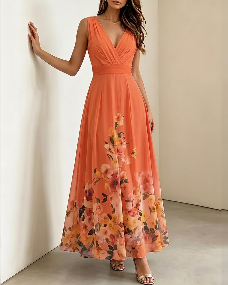 shownicer Robe Femme Chic Et Elegant Col en V sans Manche Robe Longue Imprimé Fleurs Robes De Ceremonie Printemps Été
