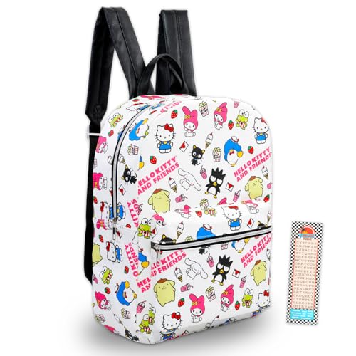 Hello Kitty and Friends Backpack Set - 16” Sanrio Faux Leather Backpack with My Melody, Kuromi, Cinnamoroll, More Plus Bookmark | Hello Kitty and Friends School Bag