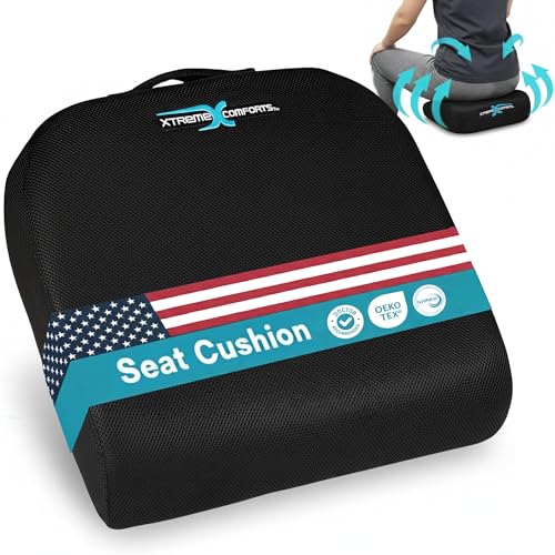 Xtreme Comforts Desk Chair Cushion - Large Foam Padded Cushions with Handle for Travel, Wheelchairs, Office, Stadium & Driver Seat of Car or Truck