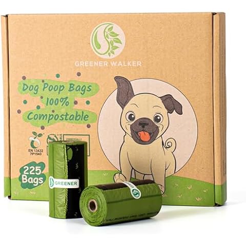 GREENER WALKER 100% Compostable Poop Bags for Dog Waste, 20% Extra Thick and Durable 225 Poop Bags for Doggie with EN13432 Certified and ASTM D6400 (Green) Cover