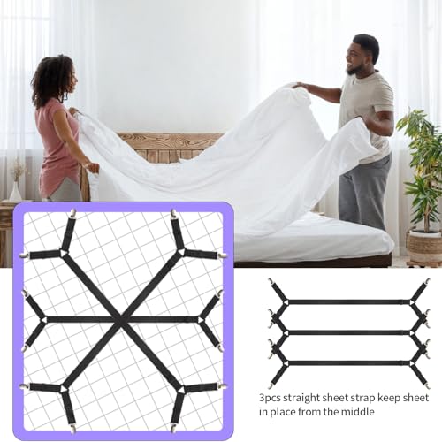 Luyena Bed Sheet Straps,3 PCS Secure and Sheet Holder Straps for Full Size Beds,Adjustable Crisscross Fitted Sheet Clips,Black - Thumbnail 4