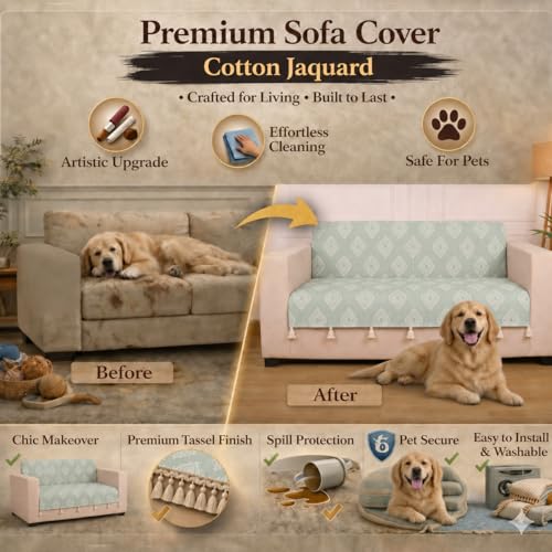 Image of STITCHNEST 'Verdant Rekhika Stories' 2 Seater Sofa Cover - Full Coverage| Elegant Jacquard Fabric, Decorative Tassels, Washable & Durable for Modern Living