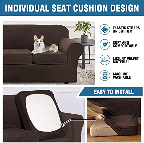 H.versailtex Modern Velvet Plush 4 Piece High Stretch Sofa Slipcover Sofa Cover Furniture Protector Form Fit Luxury Thick Velvet Sofa Cover For 3 Cushion Couch, Machine Washable (Sofa,Brown) #TOP3