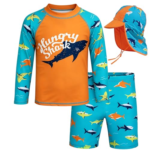 LUCKYLI Boys Swim Set UPF 50+ Long Sleeve Swim Shirt & Trunks with Sun Hat Sublimation Print 4-Way Stretch Quick Dry for Beach Surfing & Water Park for Toddler Little Boys 4-12Y Orange