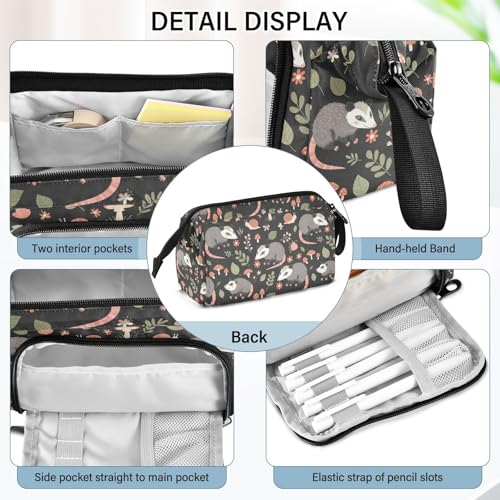 Image of Opossum Mushroom Black Print Pencil Case Pouch Big Capacity Pencil Bag Box Organizer Pen Case with Compartmens Stationery Organizer for Girls Boys Women School College Office
