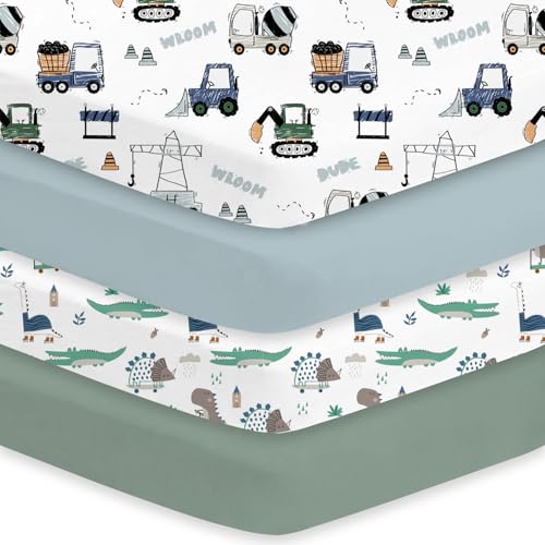 Image of Little Grape Land Crib Sheets 4 Pack for Boys and Girls, Baby Neutral Crib Fitted Sheets for Standard Crib & Toddler Mattress, Super Soft Breathable Fitted Crib Sheet Set, Truck & Alligator