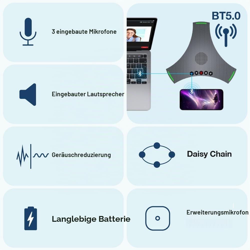 Octopus Ultra, Lautsprecher und Konferenzmikrofon mit Erweiterungsmikrofon, Geräusch- und Echounterdrückung, Bluetooth-Verbindung, USB und Gänseblümchen-Verbindung