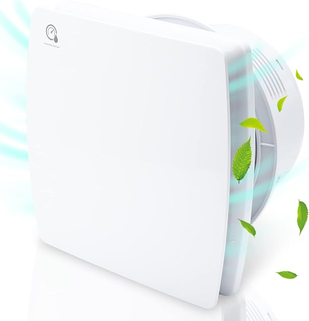 Ikodm Wentylator łazienkowy 150 mm z czujnikiem wilgotności i klapą zwrotną, timer, wentylator łazienkowy, wentylator wylotowy, montaż sufitowy i ścienny, do kuchni, okien loftowych i piwnicy, cichy, biały