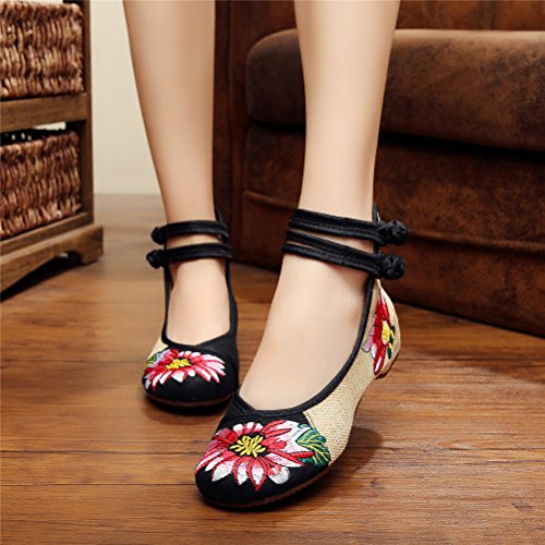 Qhome Womens Rubber Sole Floral Embroidered Weave Bride Flats Mary Jane Canvas Shoes2