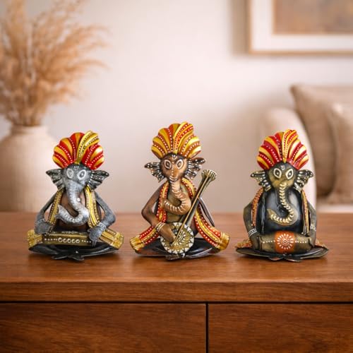 Image of CraftVatika Metal Ganesha Playing Musical Instruments Set of 3, Handcrafted Ganesha Playing Dholak Harmonium Sitar Showpiece for Living Room Tabletop Home Decor Items, Ganesh Musical Showpiece
